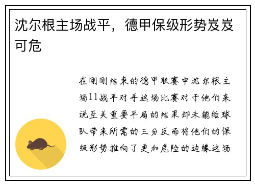 沈尔根主场战平，德甲保级形势岌岌可危